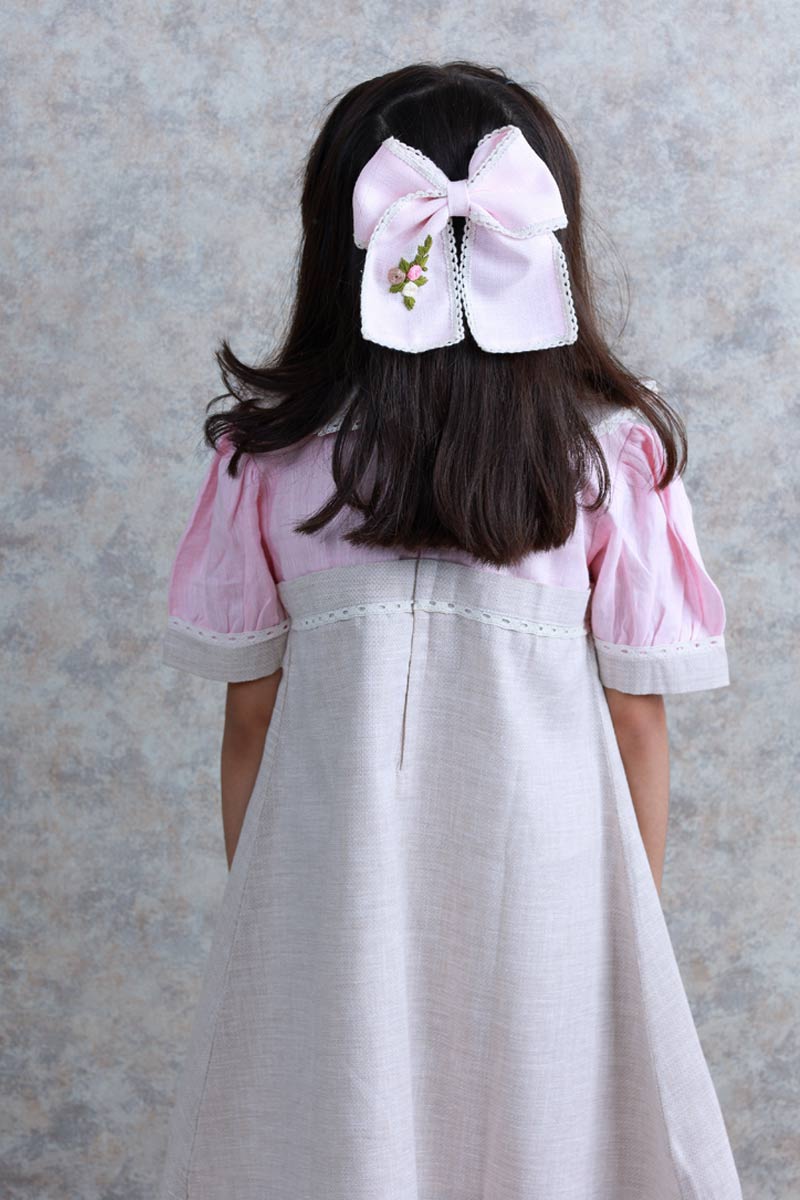 Pink Flowers and lace Hand Embroidered Bow