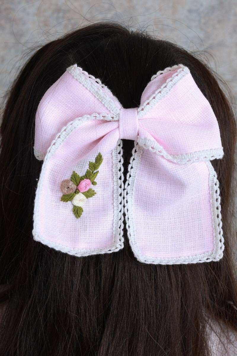 Pink Flowers and lace Hand Embroidered Bow