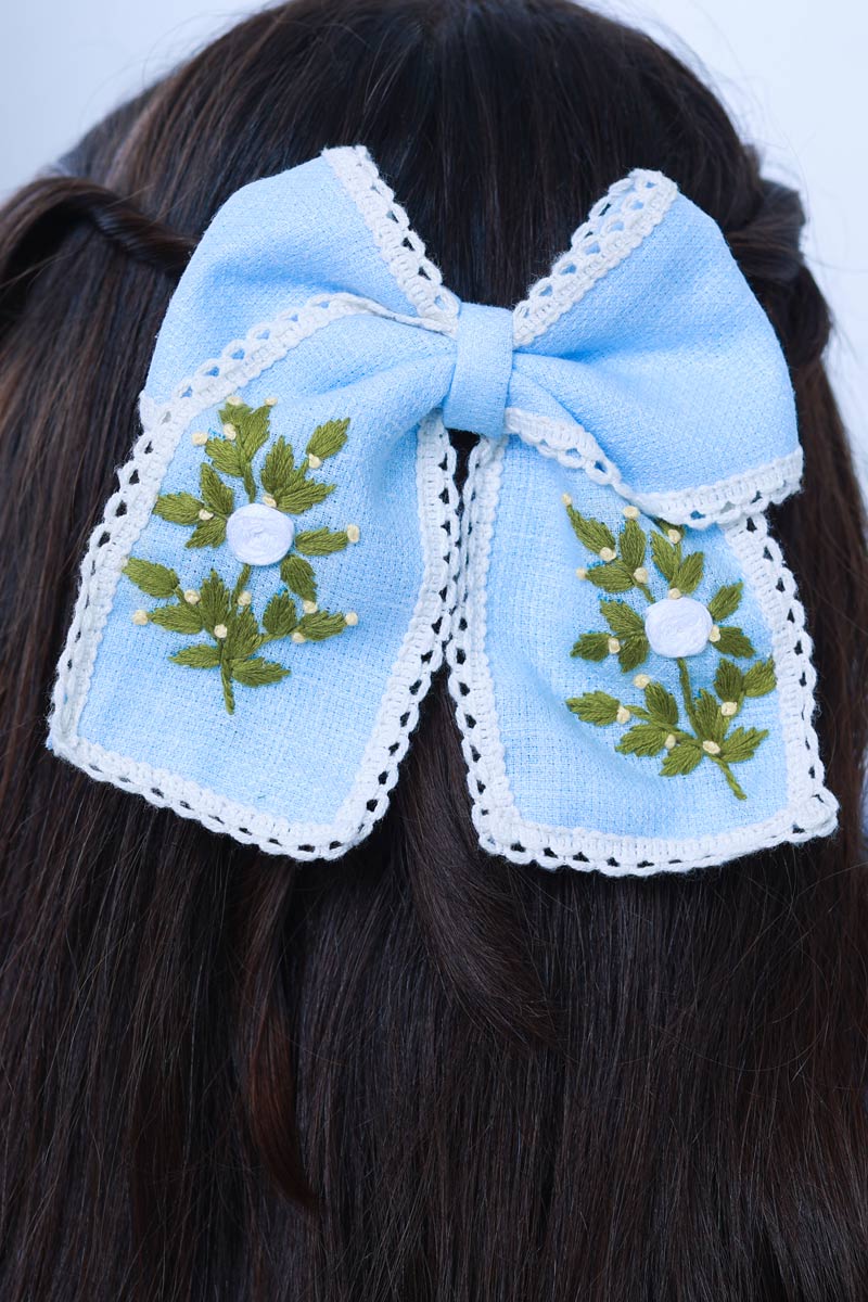 Sky Blue Hand Embroidered Bow