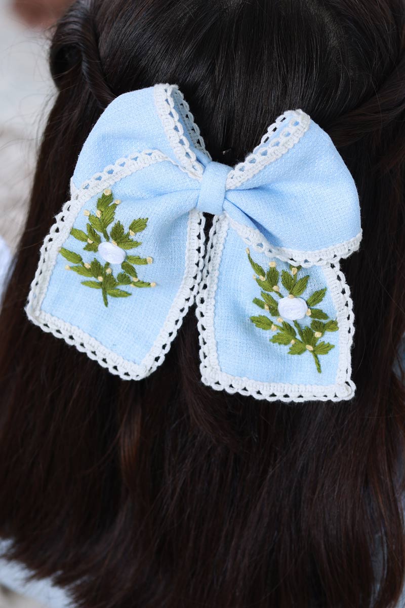 Sky Blue Hand Embroidered Bow