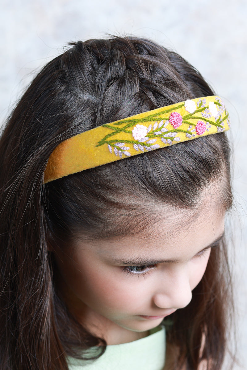 Yellow Velvet Hand Embroidered Head Band