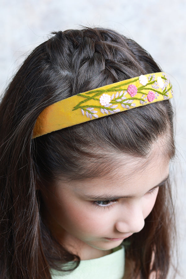 Yellow Velvet Hand Embroidered Head Band