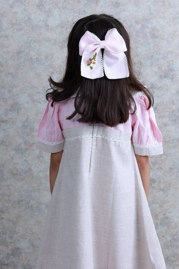 Pink Flowers and lace Hand Embroidered Bow