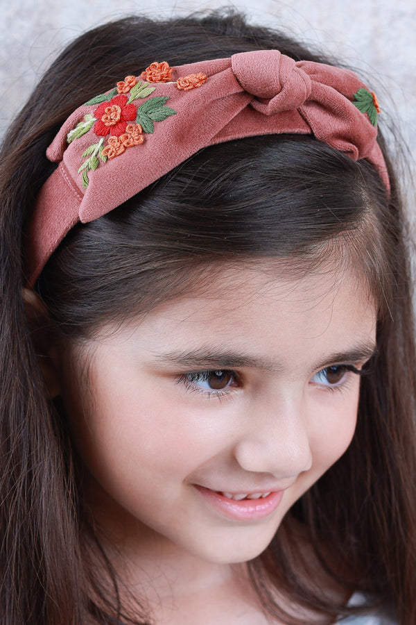 Brown Velvet Hand Embroidered Bow Head Band