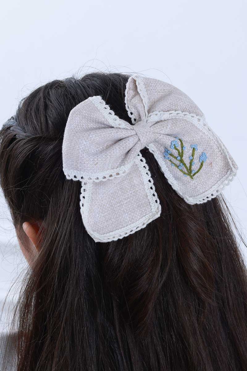 Beige Hand Embroidered Bow
