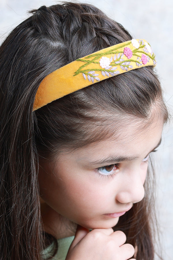 Yellow Velvet Hand Embroidered Head Band