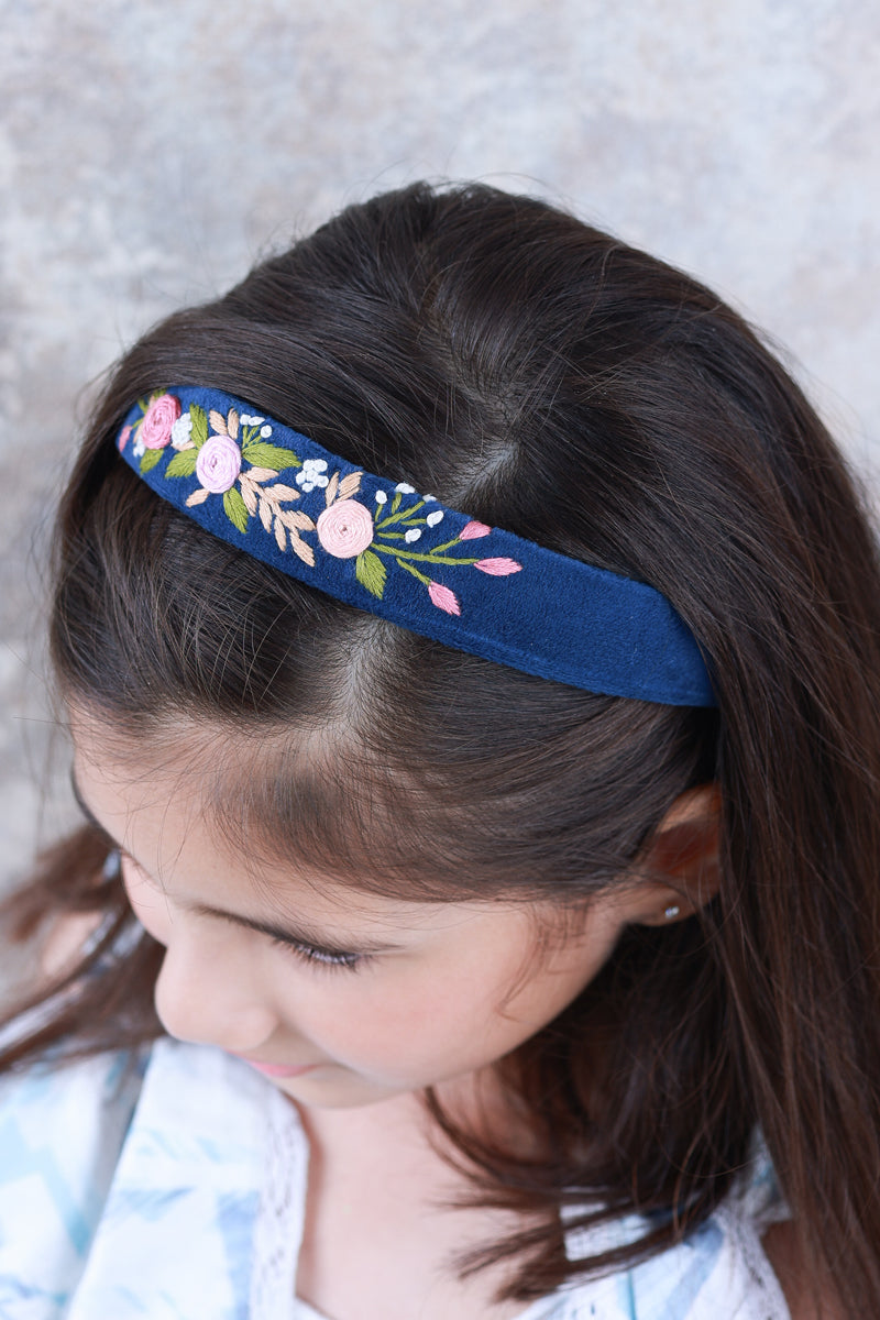 Navy Velvet Hand Embroidered Head Band