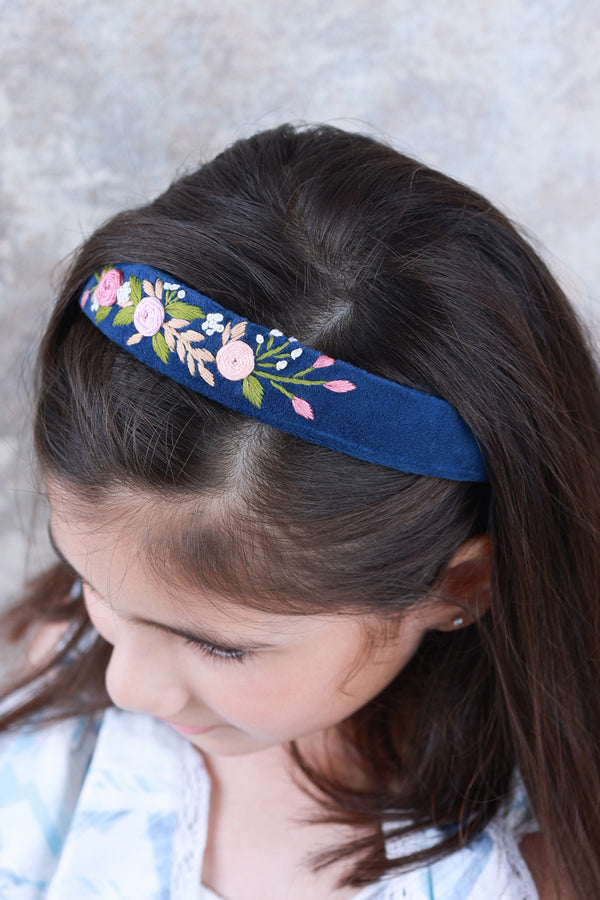 Navy Velvet Hand Embroidered Head Band