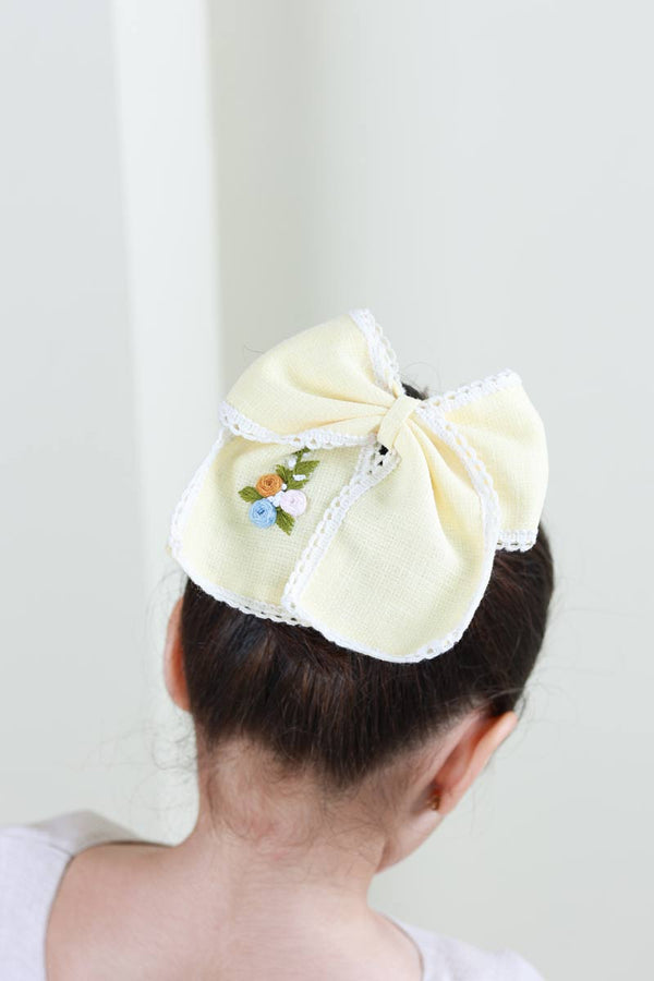 Lemon and Lace Hand Embroidered Bow