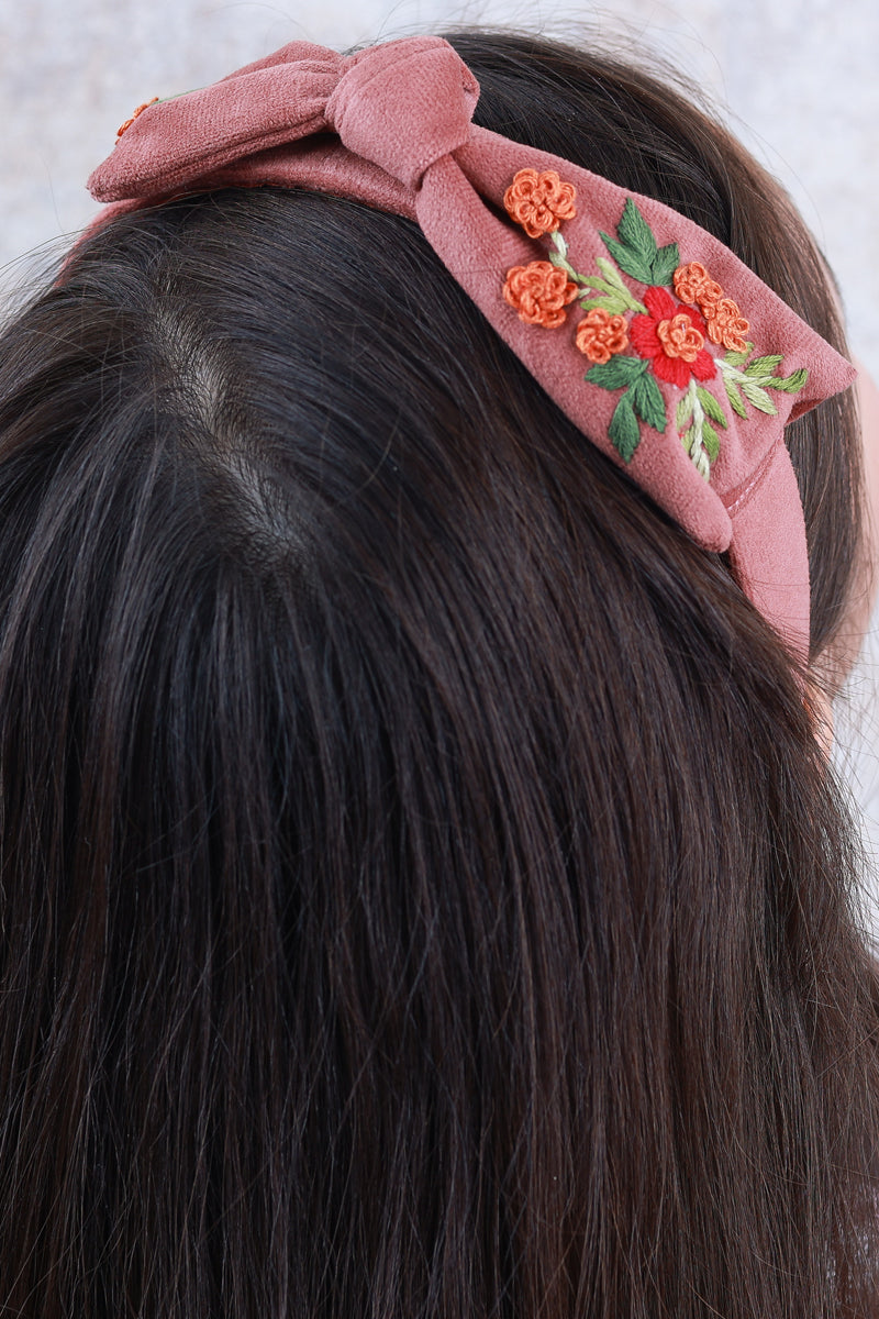 Brown Velvet Hand Embroidered Bow Head Band