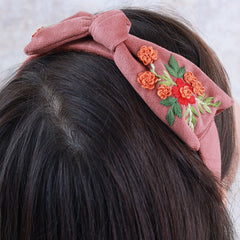 Brown Velvet Hand Embroidered Bow Head Band