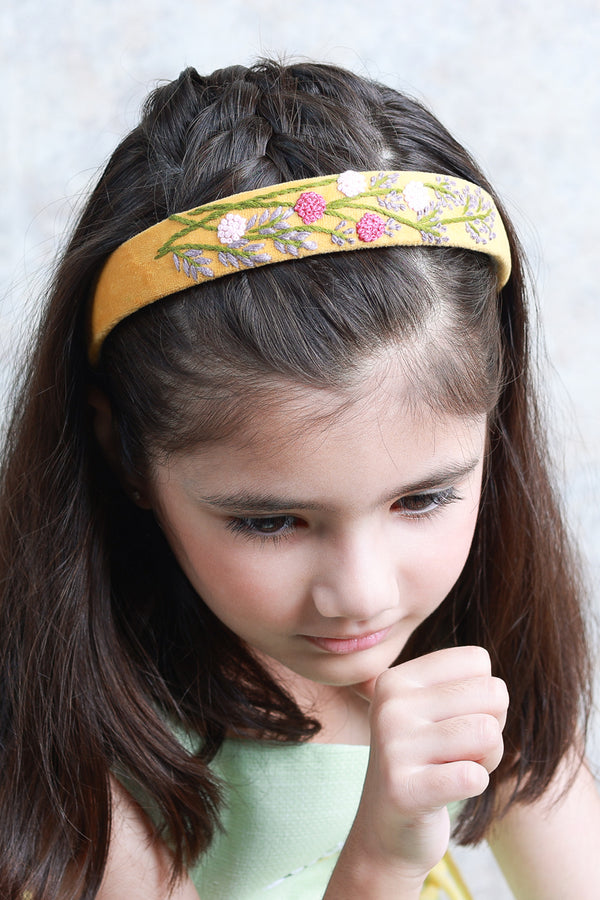 Yellow Velvet Hand Embroidered Head Band