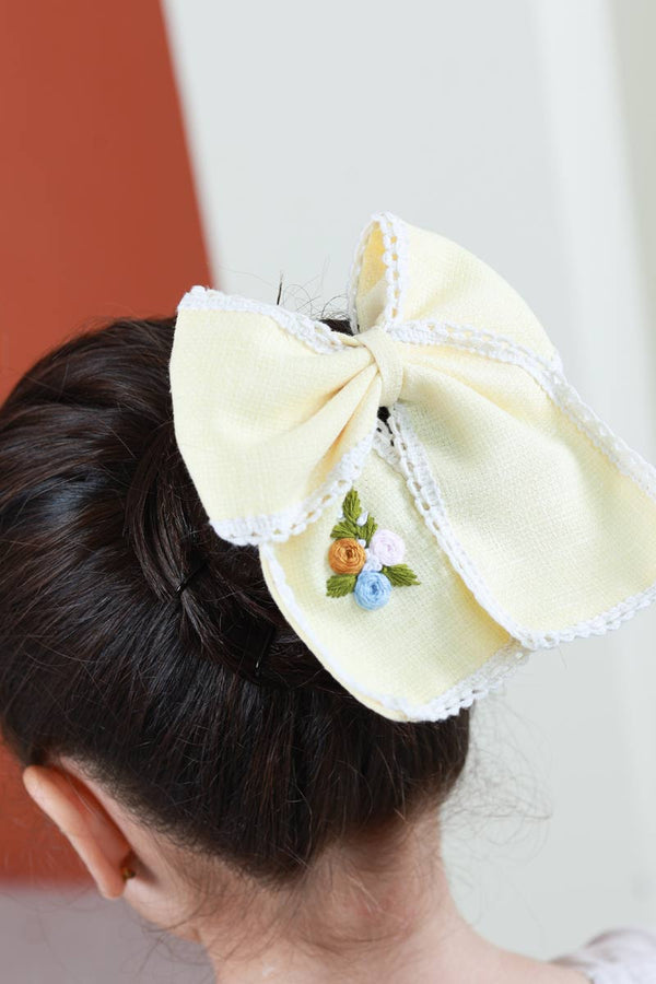 Lemon and Lace Hand Embroidered Bow