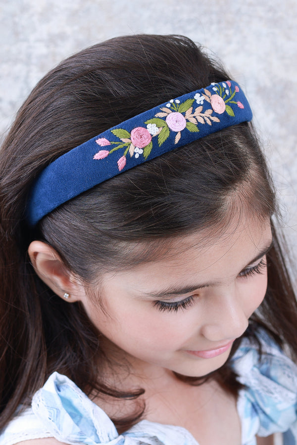 Navy Velvet Hand Embroidered Head Band