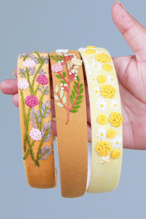 Yellow Velvet Hand Embroidered Head Band