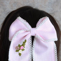 Pink Flowers and lace Hand Embroidered Bow