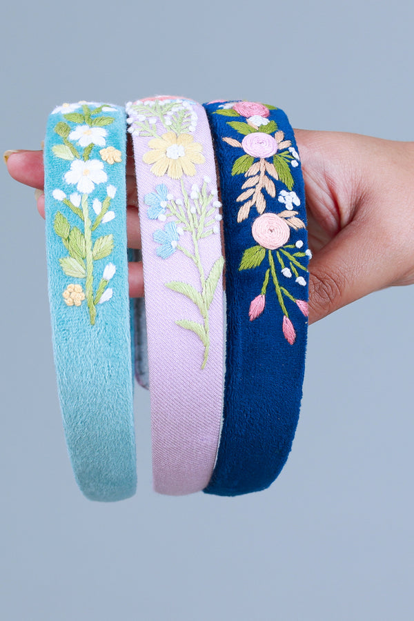 Navy Velvet Hand Embroidered Head Band