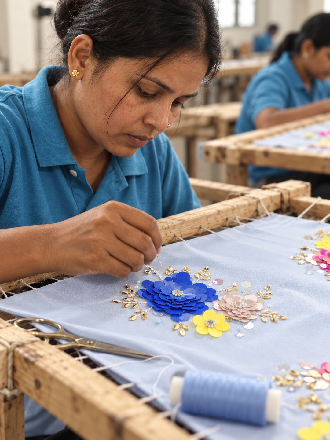 Artisan Embroidering Blue Floral Applique
