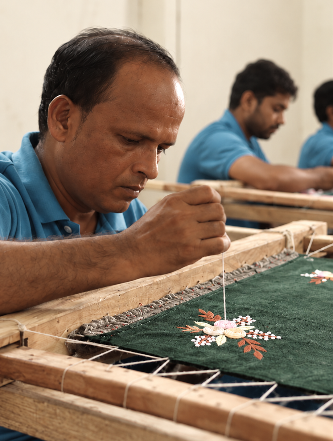 Focused Artisan Embroidering Floral Green Textile