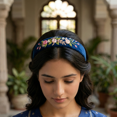 Navy Velvet Hand Embroidered Head Band