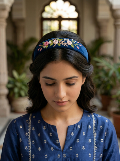 Navy Velvet Hand Embroidered Head Band