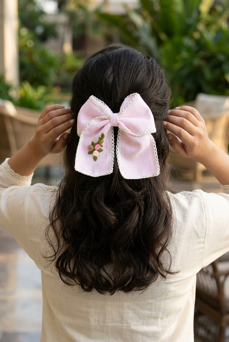 Pink Flowers and lace Hand Embroidered Bow