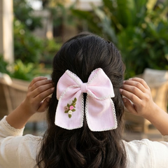 Pink Flowers and lace Hand Embroidered Bow