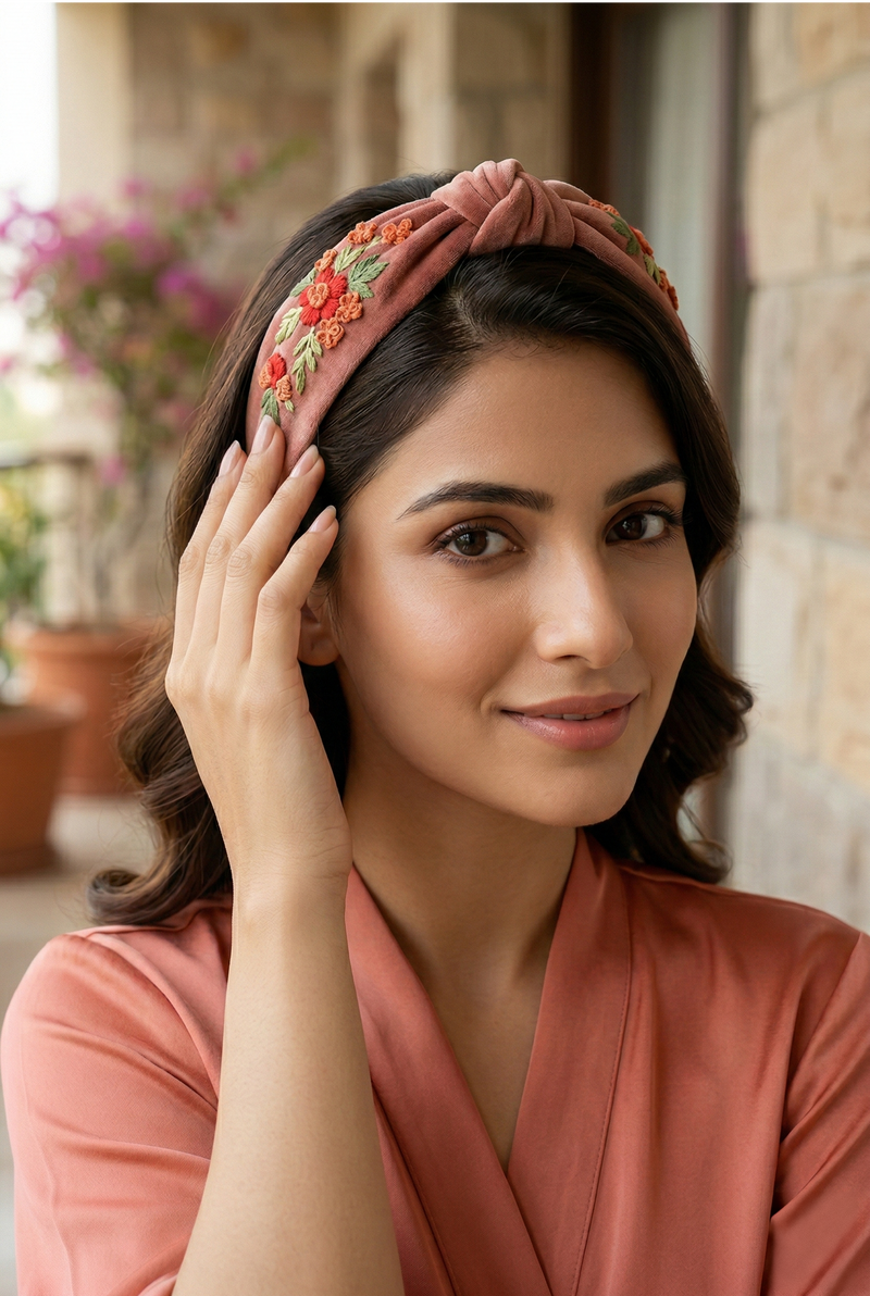 Brown Velvet Hand Embroidered Bow Head Band