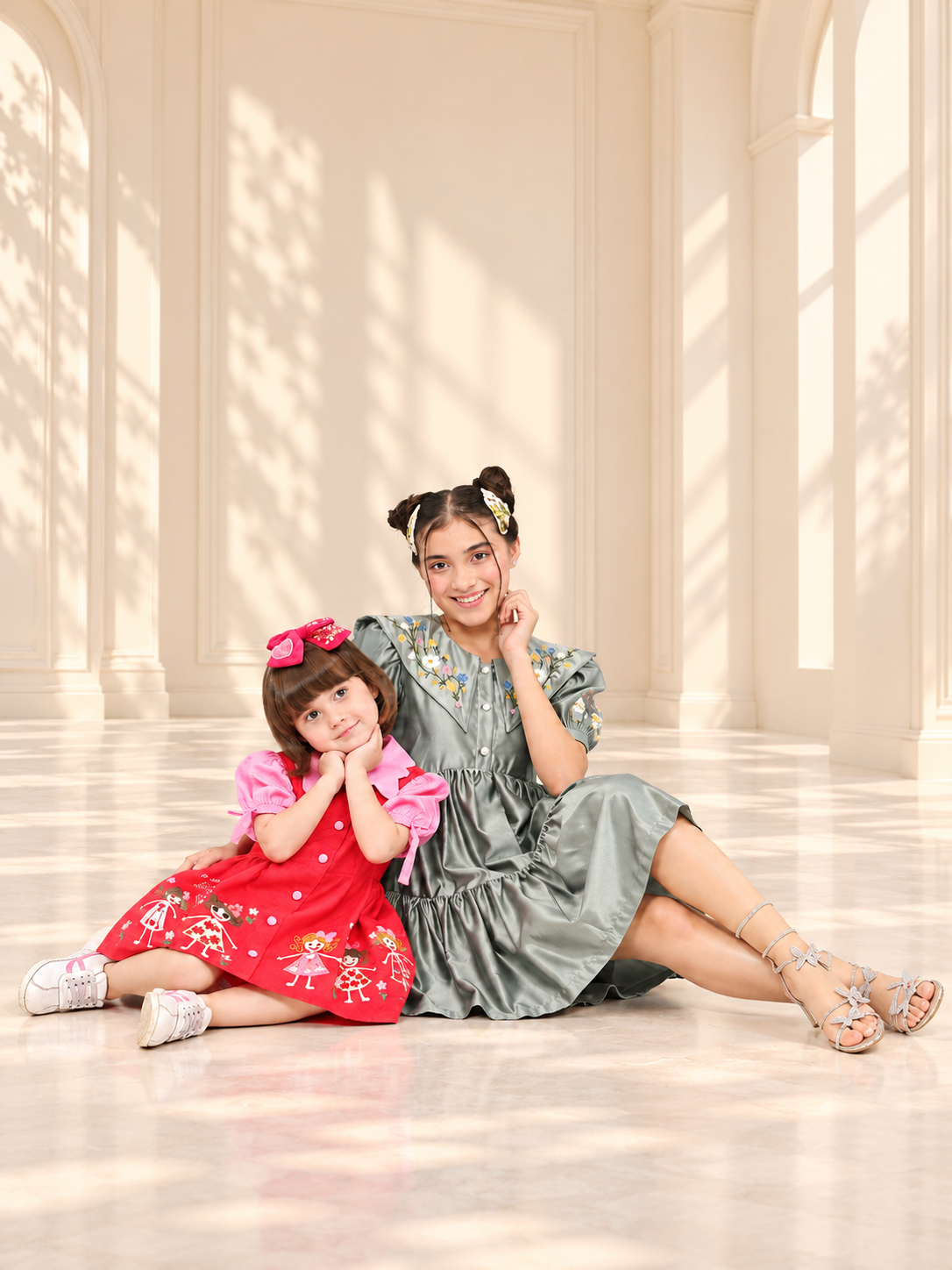 Sunlit Sisters in an Elegant Interior